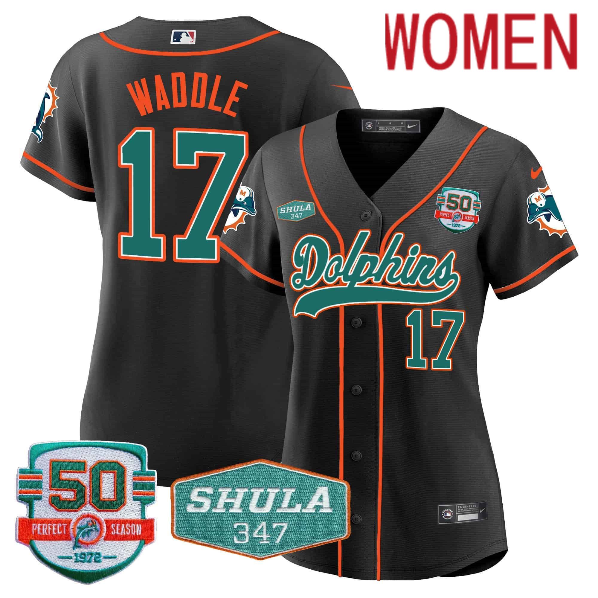 Women Miami Dolphins #17 Waddle Black 2024 Nike 50th Don Shula Memorial Patch Baseball NFL Jersey style 1